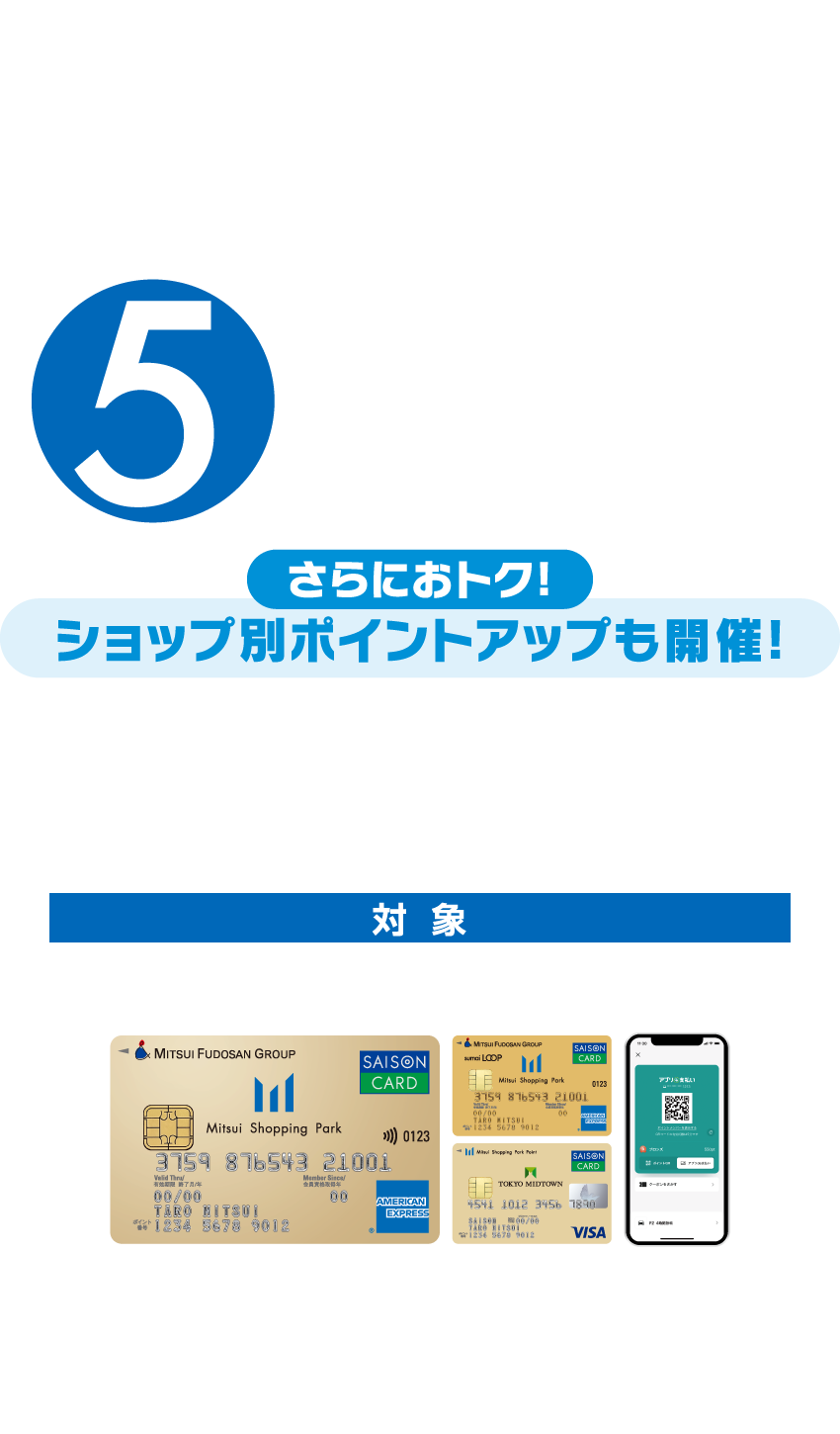 対象のクレジット支払いまたはアプリde支払いご利用で、100円（税抜）につき5ポイント