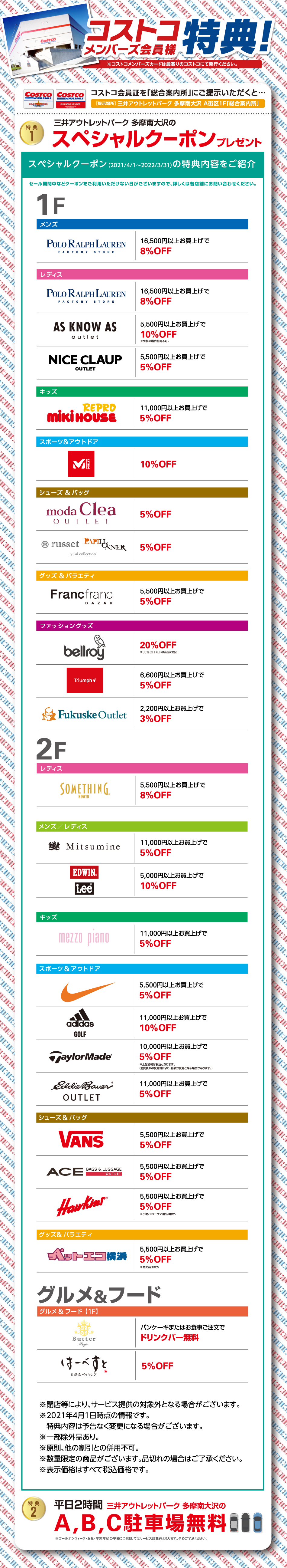 コストコメンバーズ会員様特典 三井アウトレットパーク 多摩南大沢