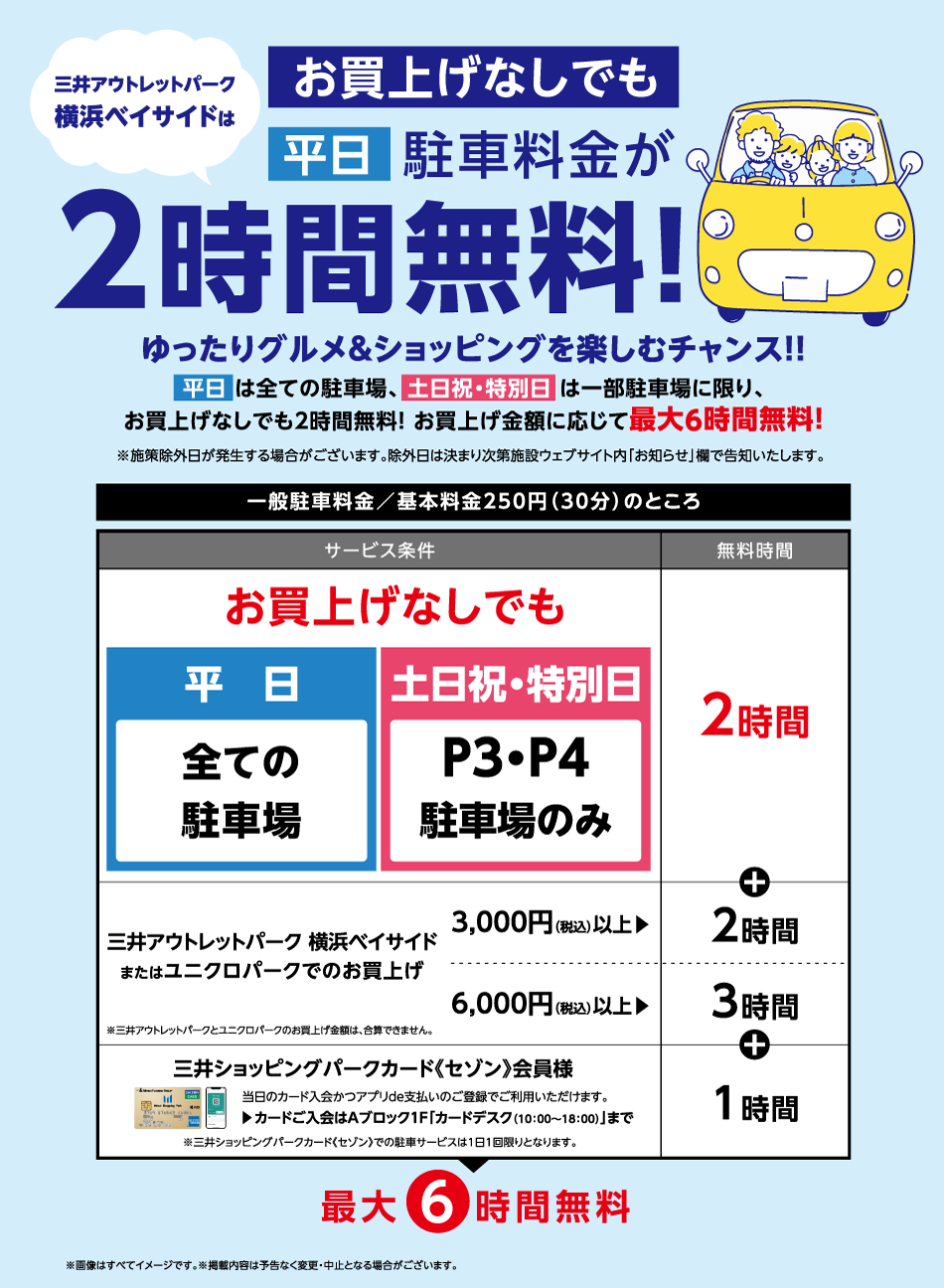 お買上げなしでも平日は駐車場料金が2時間無料！