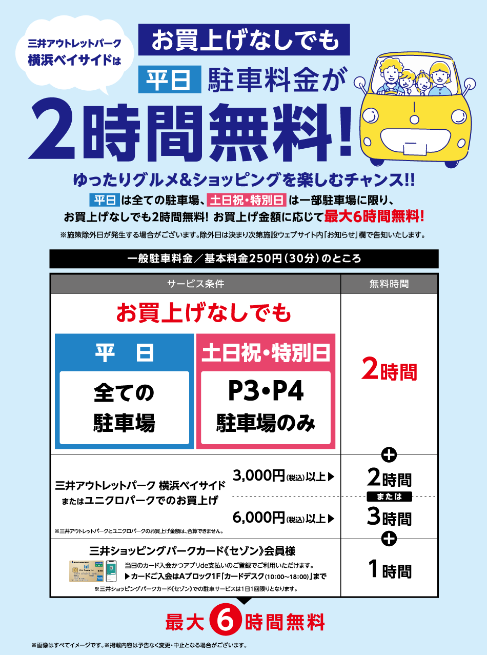 お買上げなしでも平日は駐車場料金が2時間無料！