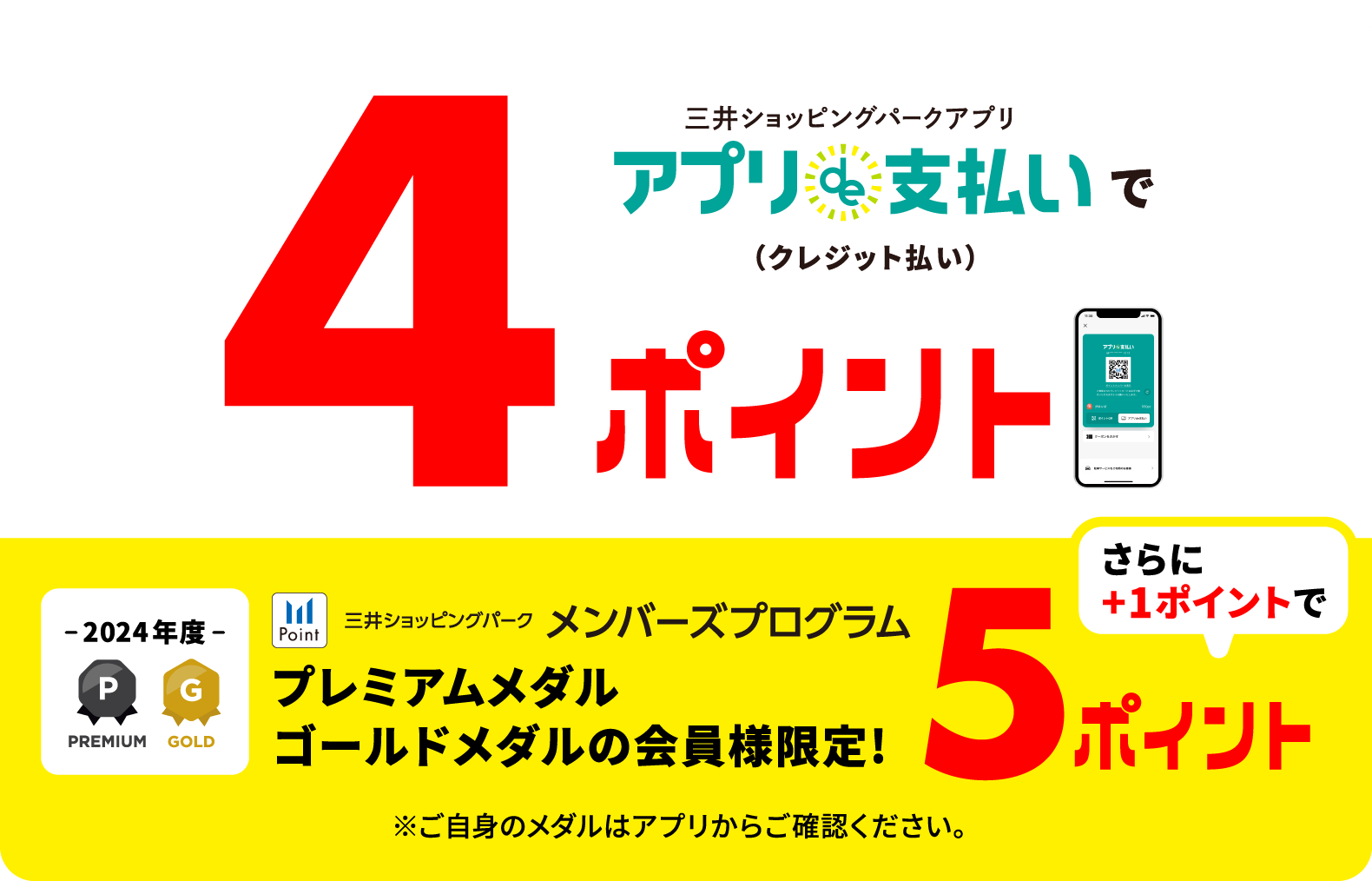 三井ショッピングパークアプリ アプリde支払いで（クレジット払い）4ポイント -2024年度- PREMIUM GOLD Point 三井ショッピングパーク メンバーズプログラム プレミアムメダル ゴールドメダルの会員様限定！ さらに＋１ポイントで５ポイント ※ご自身のメダルはアプリからご確認ください。