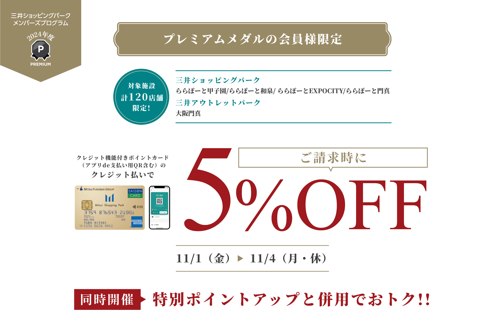 プレミアムメダルの会員様限定　ご請求時に5%OFF | 同時開催　特別ポイントアップと併用でおトク!! | 11/1（金）〜 11/4（月・休）対象施設 計120店舗 限定 三井ショッピングパーク ららぽーと甲子園/ららぽーと和泉/ららぽーとEXPOCITY/ららぽーと門真 | 三井アウトレットパーク　大阪門真