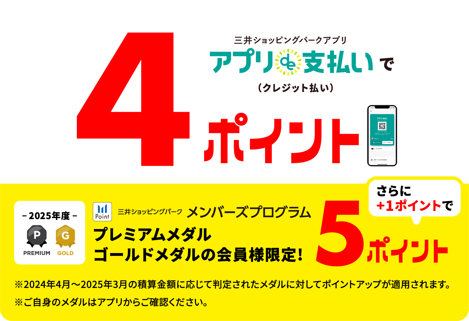 三井ショッピングパークアプリ アプリde支払いで（クレジット払い）4ポイント -2024年度- PREMIUM GOLD Point 三井ショッピングパーク メンバーズプログラム プレミアムメダル ゴールドメダルの会員様限定！ さらに＋１ポイントで５ポイント ※2023年4月～2024年3月の積算金額に応じて判定されたメダルに対してポイントアップが適用されます。※ご自身のメダルはアプリからご確認ください。