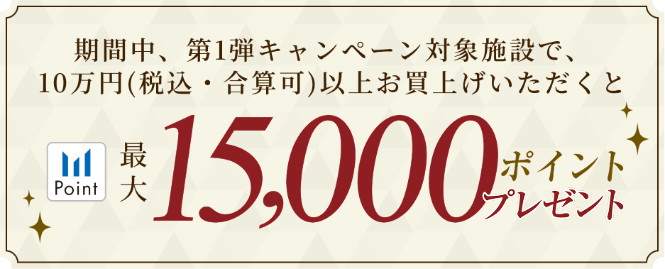 期間中、第1弾キャンペーン対象施設で、10万円(税込・合算可)以上お買上げいただくと15,000ポイントプレゼント