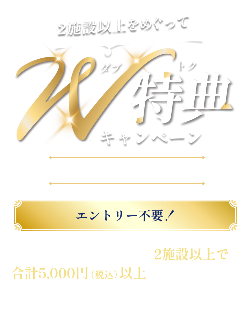 2施設以上をめぐってW特典（ダブトク）キャンペーン　5.2（土）〜5.24（日）エントリー不要！キャンペーン対象施設のうち、2施設以上で合計5,000円（税込）以上お買上げいただくと、“2つの特典”をプレゼント！三井ショッピングパークポイントがたまるお買上げが対象となります