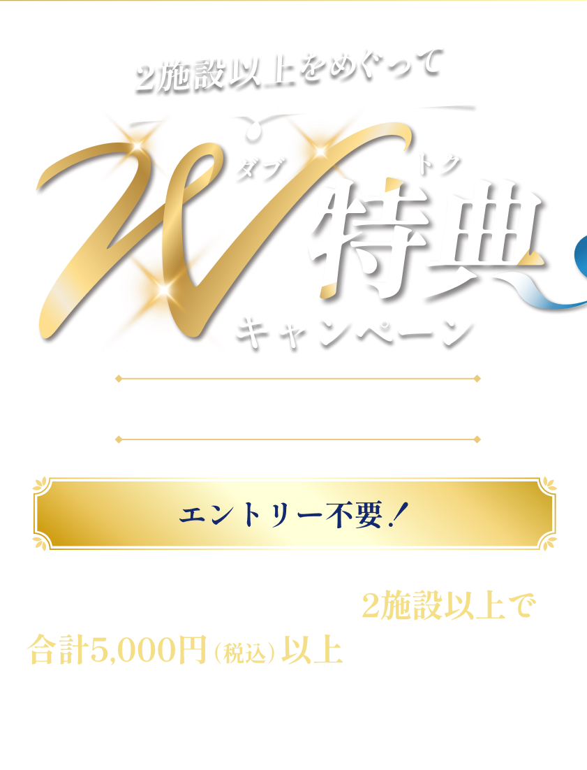 2施設以上をめぐってW特典（ダブトク）キャンペーン　5.2（土）〜5.24（日）エントリー不要！キャンペーン対象施設のうち、2施設以上で合計5,000円（税込）以上お買上げいただくと、“2つの特典”をプレゼント！三井ショッピングパークポイントがたまるお買上げが対象となります