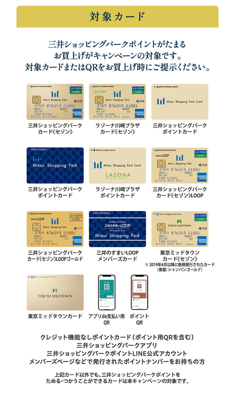 対象カード 三井ショッピングパークポイントがたまるお買上げがキャンペーンの対象です。対象カードまたはQRをお買上げ時にご提示ください。三井ショッピングパークカード《セゾン》ラゾーナ川崎プラザカード《セゾン》三井ショッピングパークポイントカード 三井ショッピングパークポイントカード ラゾーナ川崎プラザポイントカード 三井ショッピングパークカード《セゾン》LOOP 三井ショッピングパークカード《セゾン》LOOPゴールド 三井のすまいLOOPメンバーズカード 東京ミッドタウンカード《セゾン》※2019年4月以降に新規発行されたカード（券面：シャンパンゴールド） 東京ミッドタウンカード アプリde支払い用QR ポイントQR クレジット機能なしポイントカード（ポイント用QRを含む）三井ショッピングパークアプリ 三井ショッピングパークポイントLINE公式アカウント メンバーズページなどで発行されたポイントナンバーをお持ちの方 上記カード以外でも、三井ショッピングパークポイントをためる・つかうことができるカードは本キャンペーンの対象です。
