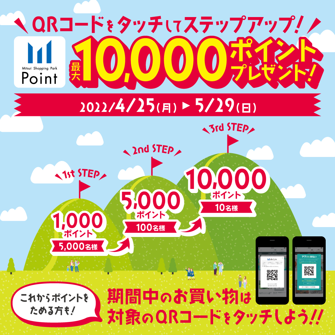 QRコードをタッチしてステップアップ!Mitsui Shopping Park Point 最大10,000ポイントプレゼント! 2022/4/25(月)▶︎5/29(日) これからポイントを貯める方も!期間中のお買い物は対象のQRコードをタッチしよう!!