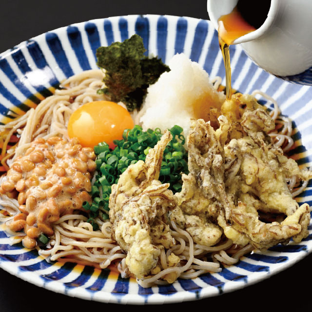 Mozuku tempura with grated radish and natto soba