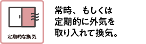 常時、もしくは定期的に外気を取り入れて換気。