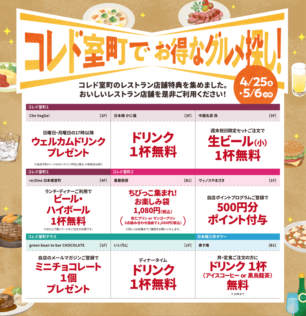 コレド室町でお得なグルメ探し！4/25（金）▶5/6（火・休）