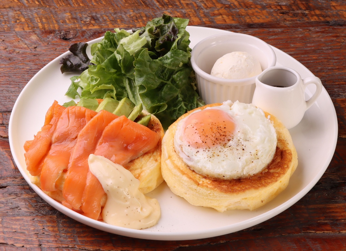 Morning pancakes with smoked salmon and avocado
